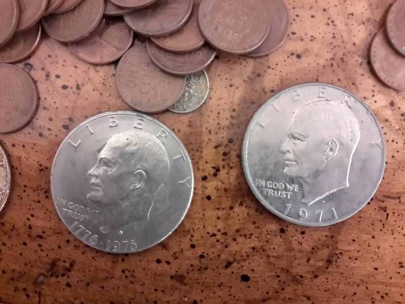 Misc. Wheat Pennies, 2 Eisenhower Silver Dollars, Kennedy 12 dollar other misc coins