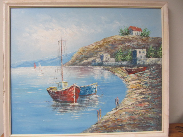 lot 14 image: NICE Signed Vintage Oil on Canvas Harbor Scene