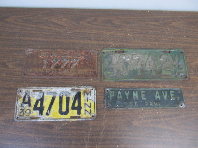 lot 54 image: Old Vintage License Plates & Embossed Payne Ave Sign