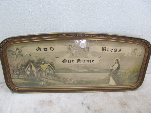 lot 96 image: Antique GOD BLESS OUR HOME Long Framed Print 