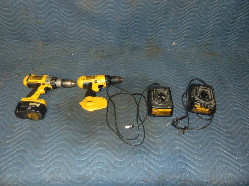 lot 11 image: (2) Dewalt Drills, (2) Dewalt Chargers, and (1) Die Hard Battery and Charger