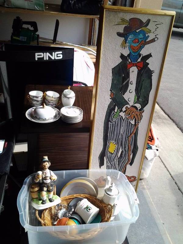 Lot Of China (Czech), Figurines, Clown Picture, Glassware, Dishware