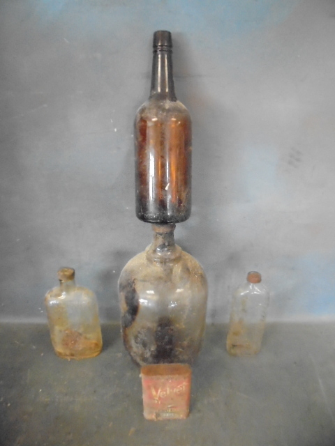 lot 16 image: Miscellaneous Vintage Glass Bottles And Tobacco Tin