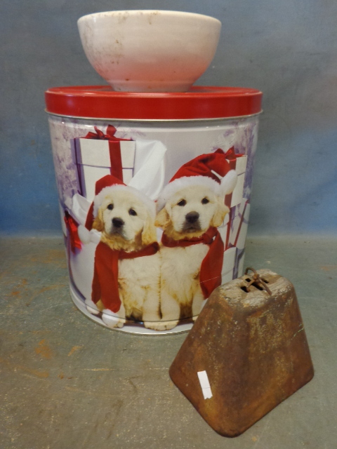 lot 48 image: Cowbell, bowl and tin