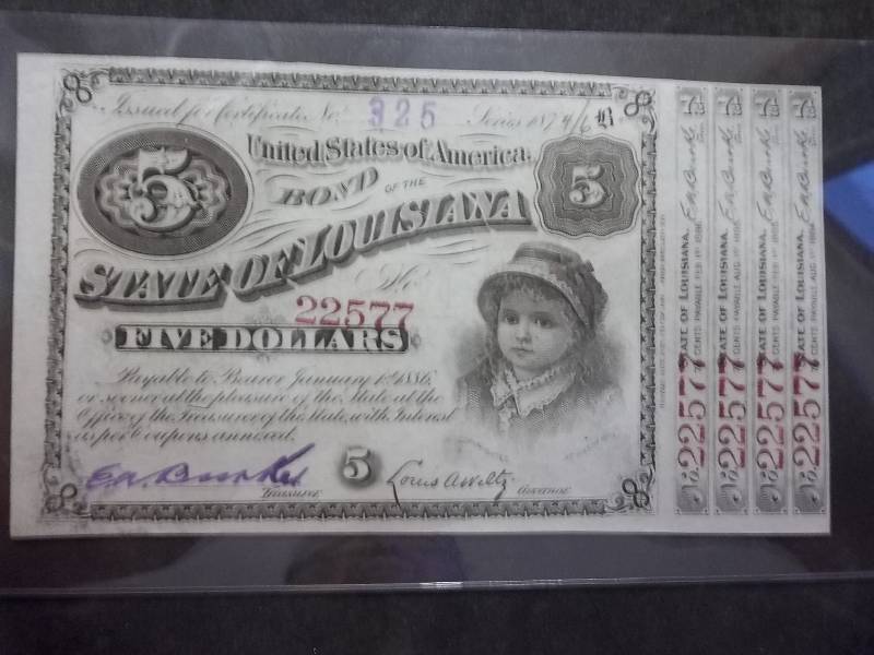 5 Dollar Baby Doll Bond Louisiana (Mint Condition)