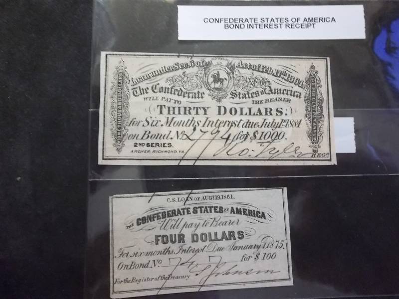2 Confederate Bond Interest Receipts 1884, 1875