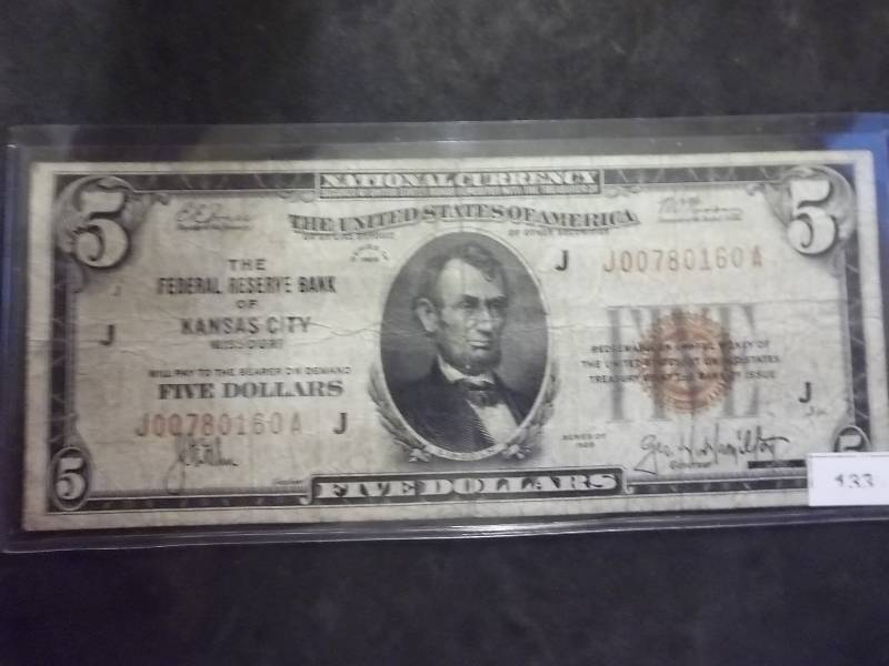 5 Dollar National Currency Bill Series 1929 Brown Seal (Federal Reserve Kansas City)