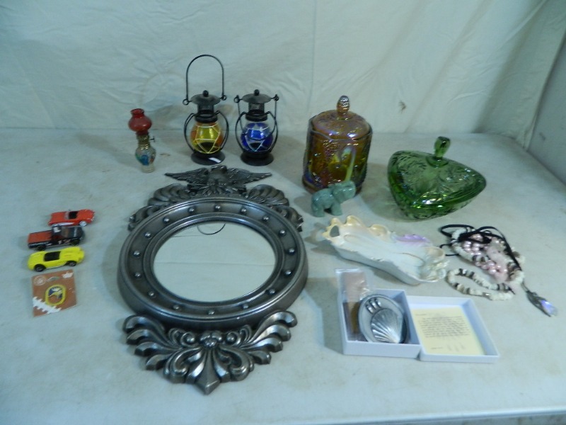 lot 34 image: Metal Framed Mirror, Glassware, More