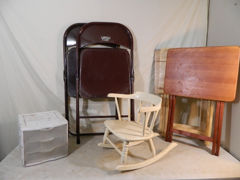 lot 167 image: Kids Wood Rocking Chair, Metal Folding Chairs, More