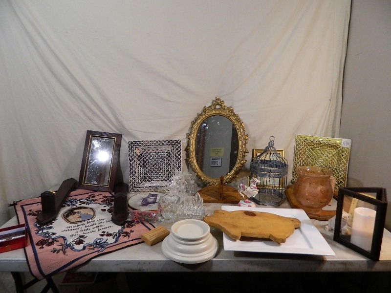 lot 170 image: Metal Birdcage, New Mosaic Trays, New Flameless Candle, and More