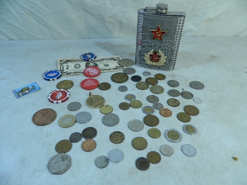 lot 15 image: Flask, Coins, Foreign Currency, More