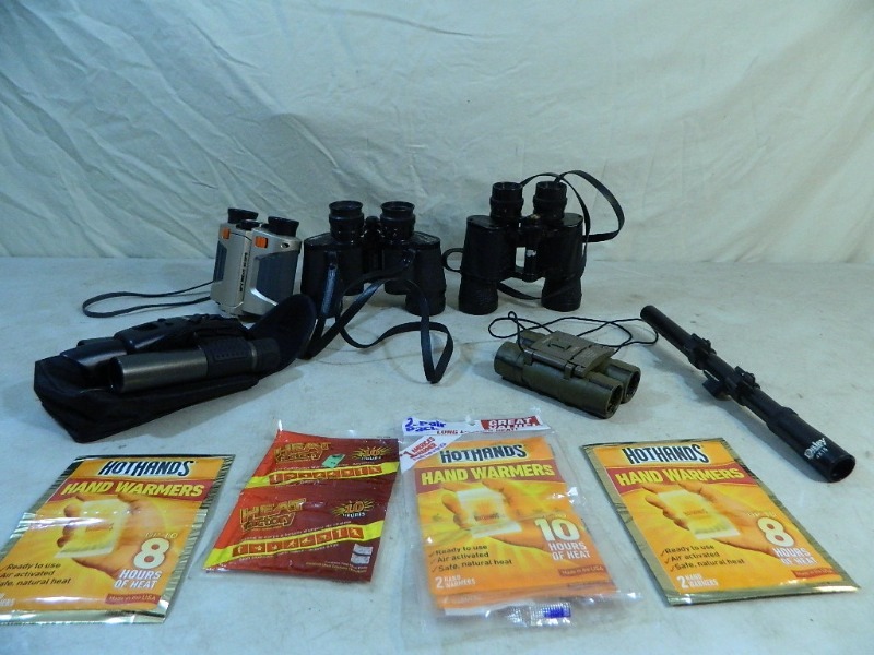 lot 18 image: Scope, Binoculars, Hand Warmers