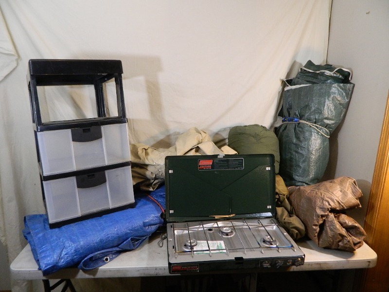 lot 83 image: Tarp, Sleeping Bag, Coleman Camp Stove, More