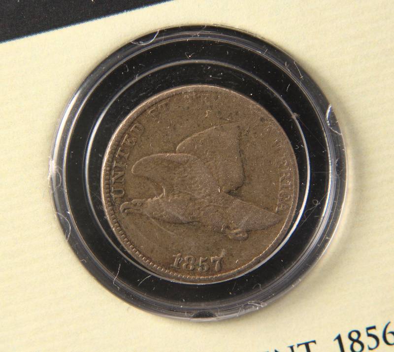 1857 US FLYING EAGLE CENT IN OLD COLLECTORS PKG