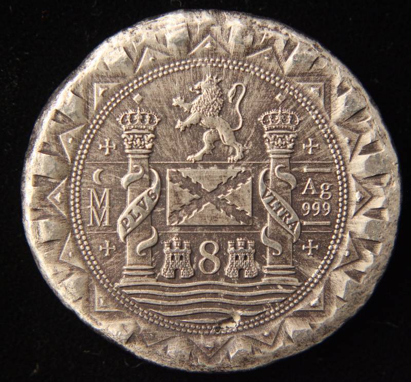 RARE 1622 ATOCHA SILVER 8 REALE COB DANIEL CARR MOONLIGHT MINT LION & COLUMNS RESTRIKE USING SILVER FROM 1622 ATOCHA SHIPWRECK