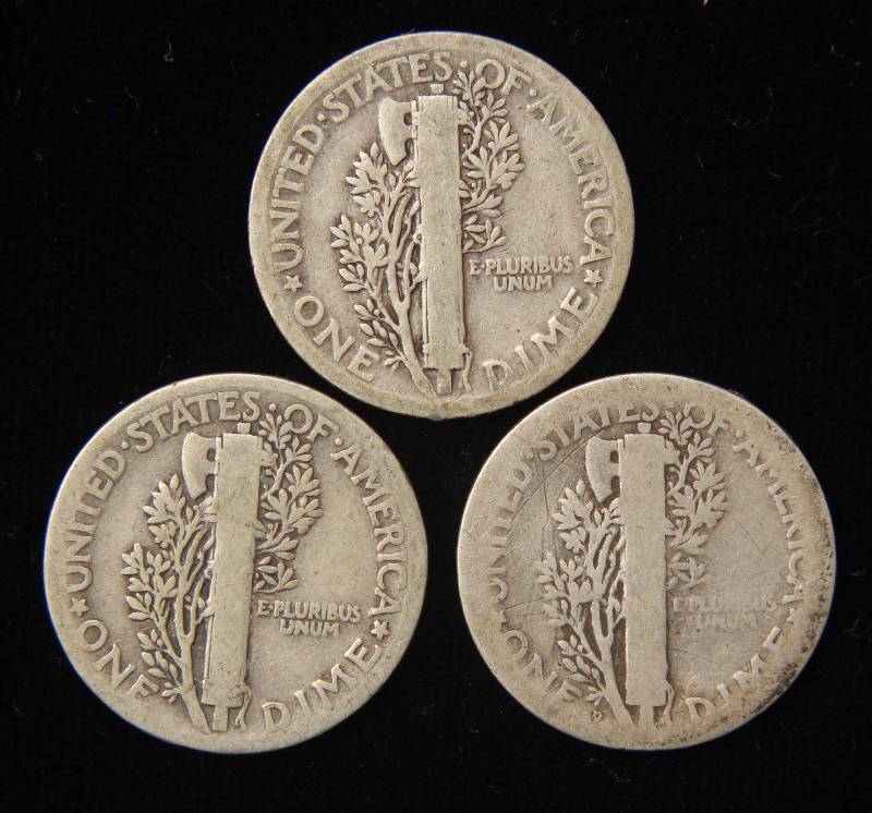 3 EARLY DATE US MERCURY DIMES 1917, 1923 & 1925-D