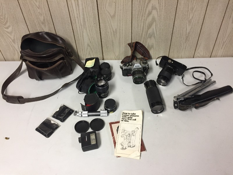 lot 74 image: RICOH Cameras, Several Lenses, Bag, tripod