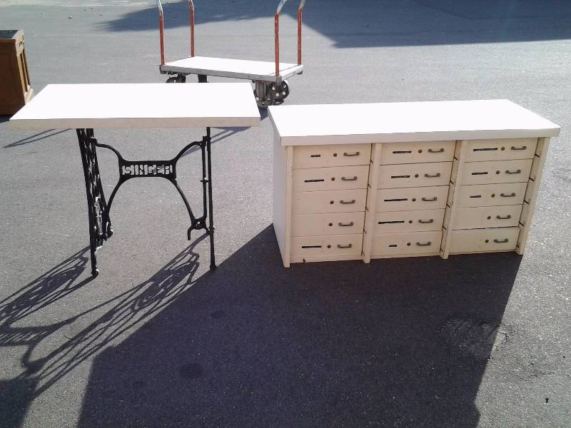 Formica Table Top On Vintage Cast Iron Singer Treadle Base & 15 Drawer CabinetOrganizer