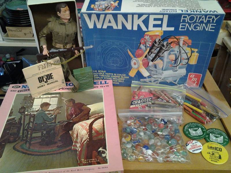 GI Joe Soldier, Wankel Rotary Engine 12 Scale Model, Old Pins, Marbles, Puzzles