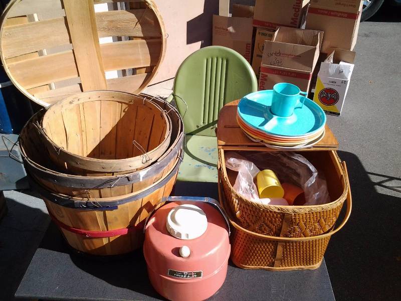 Vintage Red-Man Picnic Basket With Dishes, Therma Jug, Orchard Bushel Baskets