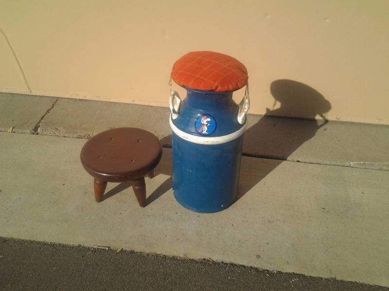 Old MilkCream Can & Real Red Wood Milking  Stool