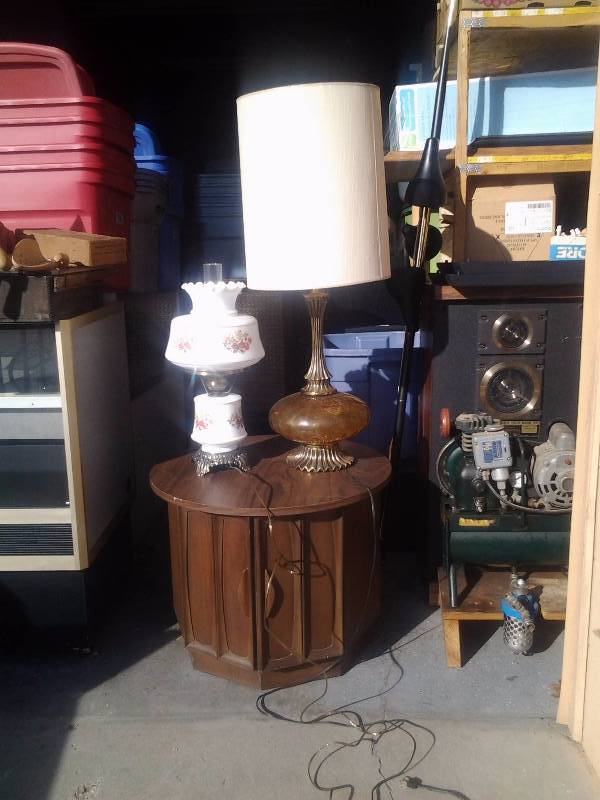 Round End Table With Storage, 37-Inch Amber Glass Lamp, Glass Hurricane Lamp