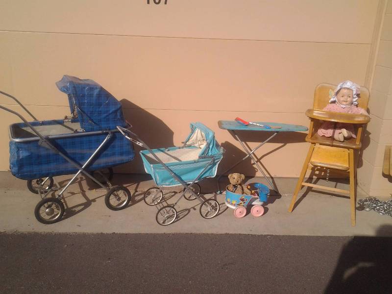 Lot Of DollBaby Buggies, High Chair, Ironing Board, Old Doll, Vintage Tin Shovel (1963)
