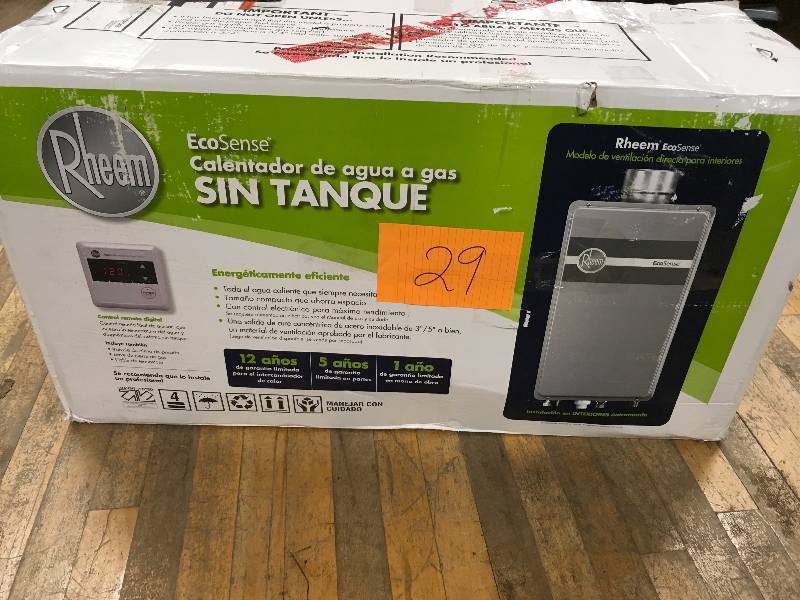 lot 29 image: Rheem 8.4gpm Natural Gas Mid Efficiency Tankless Water Heater never used in box MSRP $899