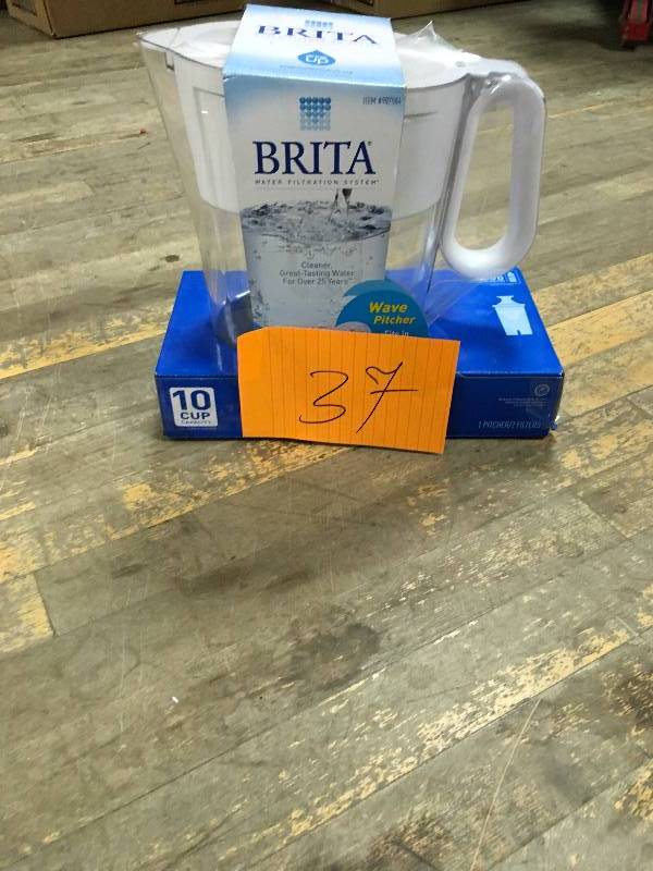 lot 37 image: Brita Wave 10-Cup Water Pitcher with 2 Advance Filters, White never used in box