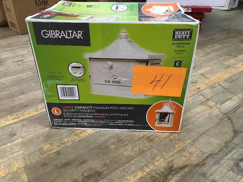 lot 41 image: Gibraltar Mailboxes Hamilton Large Capacity Cast Aluminum White, Post-Mount Mailbox, HM200W00 never used in box