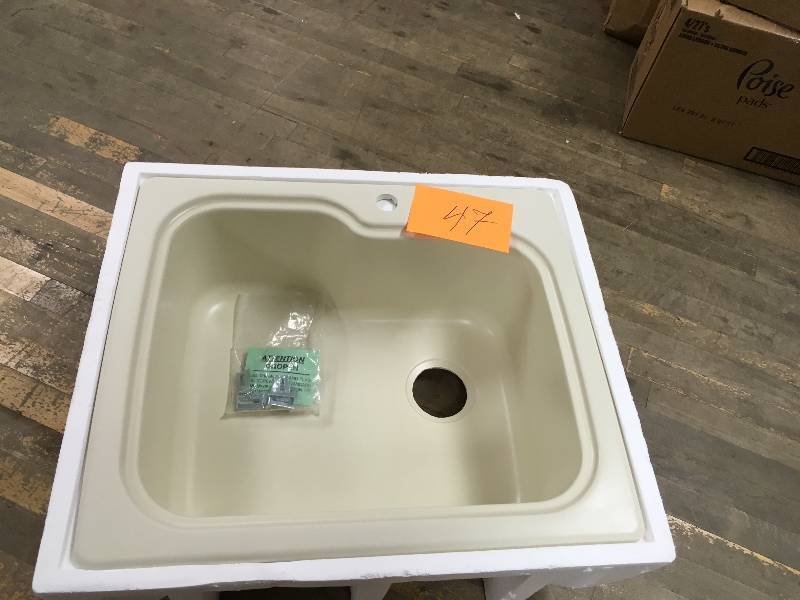 lot 47 image: Swan 25x22x9 Solid Surface Kitchen Sink, 1-Hole, Bone, Ivory, Kitchen & Utility Sinks never used in box