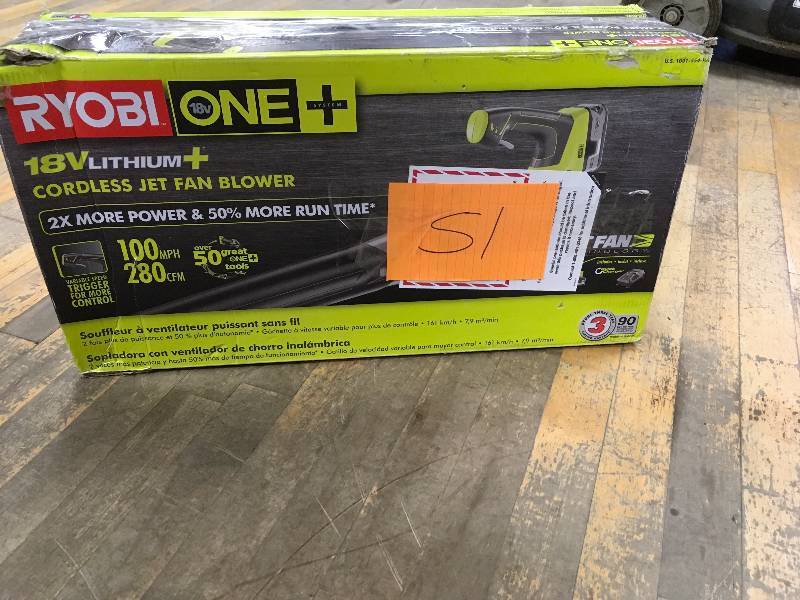 lot 51 image: Ryobi  Details about brand ONE 100 MPH 280 CFM Variable-Speed 18-Volt Lithium-Ion Cordless Jet Fan Leaf Blower - 4Ah Battery and Charger Included in box