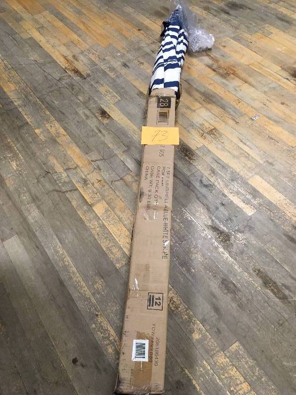 lot 73 image: 7.5 FT. STRIPE PATIO UMBRELLA IN BLUEWHITE never used in box