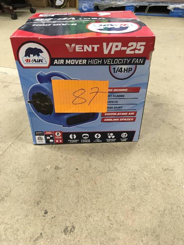 lot 87 image: B-Air VENT VP-25 14 HP 900 CFM Compact Air Mover Carpet Dryer Floor Fan for Home Retail Plumbing Water Damage Restoration Blue never used in box