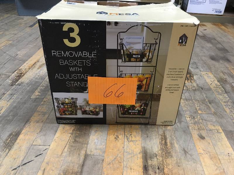 lot 66 image: Mesa 3 Removable Baskets with Adjustable Stand Handcrafted Wrought Iron never used in box