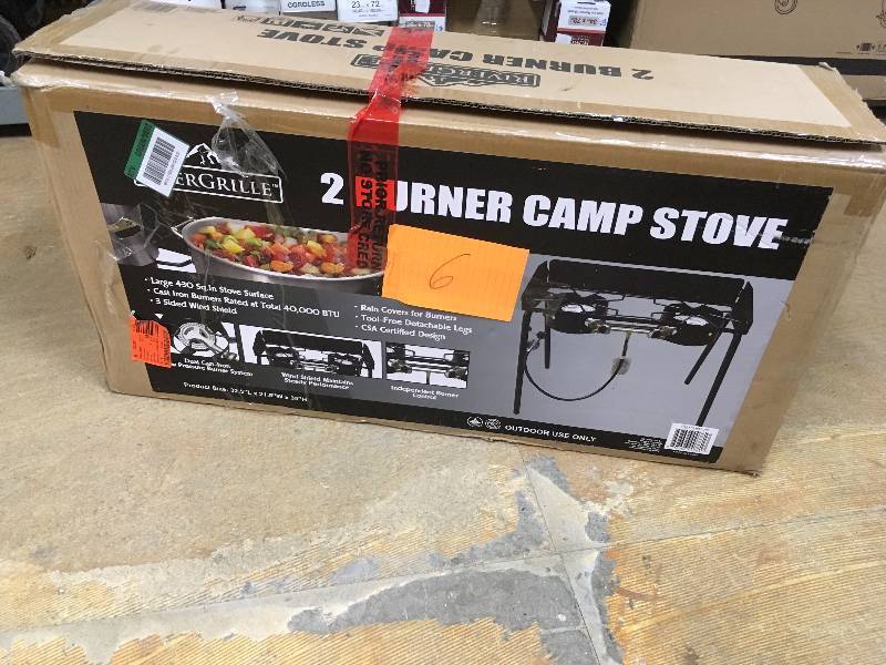 lot 6 image: Black 2-Burner Cast Iron Cookware Portable Camp Stove Fryer with Detachable Legs never used in box