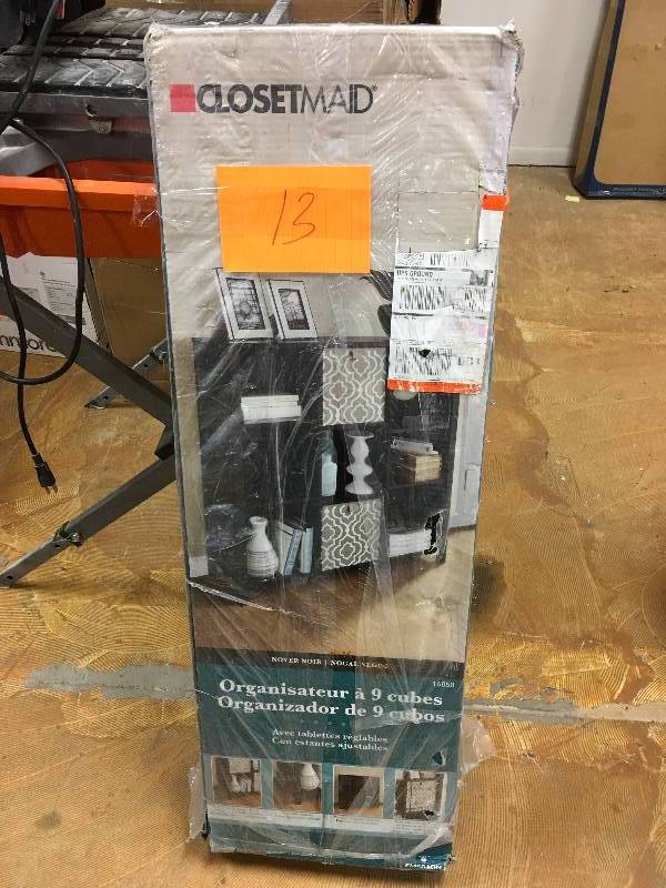 lot 13 image: Closetmaid Premium 9-Cube Organizer, Black Walnut never used in box