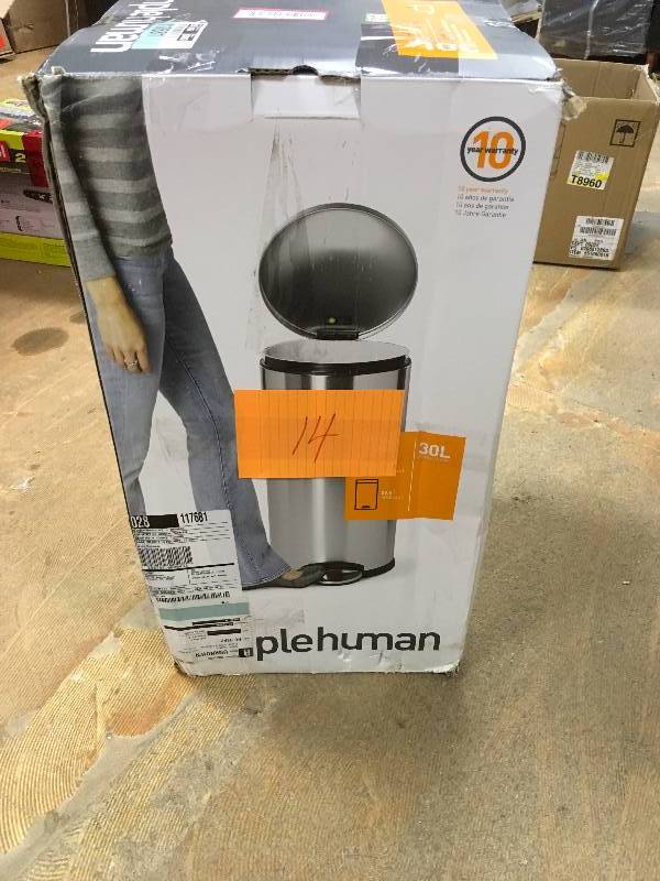 lot 14 image: simplehuman 30 litre round step can, fingerprint-proof brushed stainless steel has dent but is in working condition