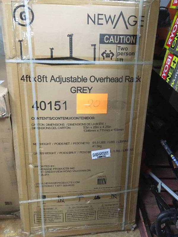 lot 20 image: NewAge Products 40151 4-Feet by 8-Feet Ceiling Mount Garage Storage Rack, Gray never used in box