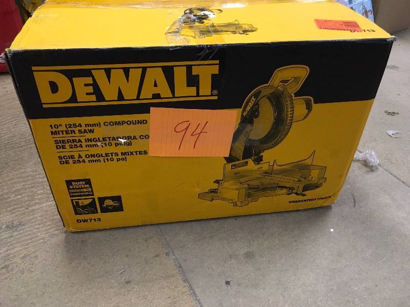 lot 94 image: DeWalt DW713 10 Compound Miter Saw like new in box MSRP $200