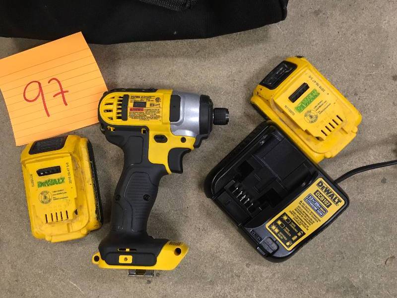 lot 97 image: Dewalt 20-Volt MAX Lithium-Ion Cordless 14 in. Impact Driver with (2) Batteries 1.5Ah, Charger and Case Model # DCF885C2 used in working conditions