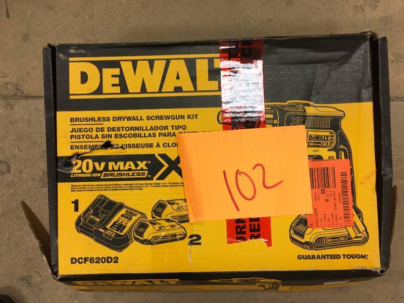 lot 102 image: Dewalt 20-Volt MAX XR Lithium-Ion Cordless Brushless Drywall Screw Gun Kit with (2) Batteries 2Ah, Charger and Contractor Bag Model # DCF620 used in working condition