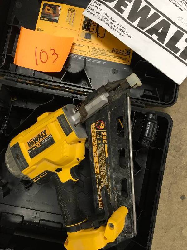lot 103 image: DEWALT 20-Volt MAX XR Lithium-Ion Cordless Brushless 2-Speed 33-Degree Framing Nailer with Battery 4Ah, Charger and Case Model # DCN692M1 used in working condition