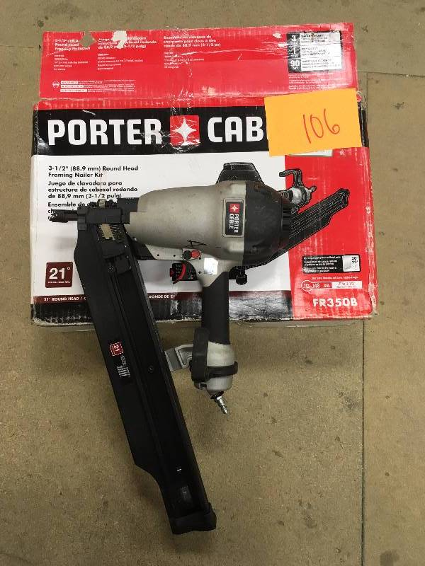 lot 106 image: Porter Cable 21-Degree 3-12 in. Full Round Framing Nailer MODEL # FR350B used in working condition