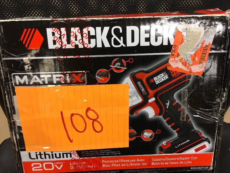 lot 108 image: 20-Volt MAX Lithium-Ion Cordless Matrix DrillDriver with Battery 1.5Ah and Charger Model # BDCDMT120C BLACKDECKER used in working conditon