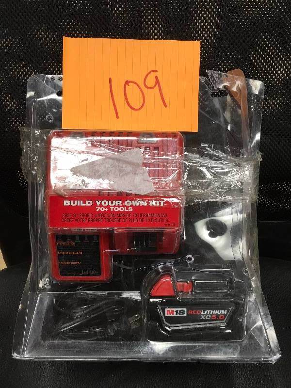 lot 109 image: Milwaukee M18 18-Volt Lithium-Ion High Demand Battery Pack 5.0Ah and Charger Starter Kit Model # 48-59-1850 used in working conditon