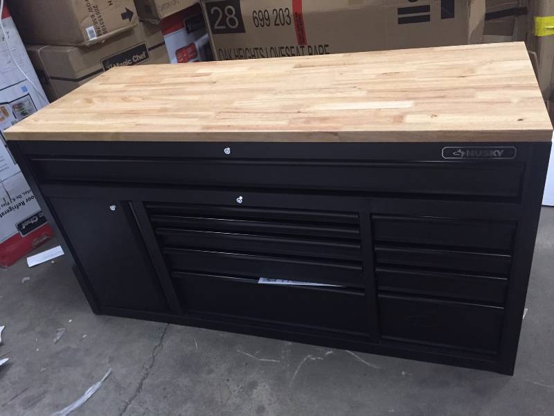 lot 145 image: Husky 60.125 in. 10-Drawer Mobile Workbench, Textured Black Matte OPEN BOX NEVER USED