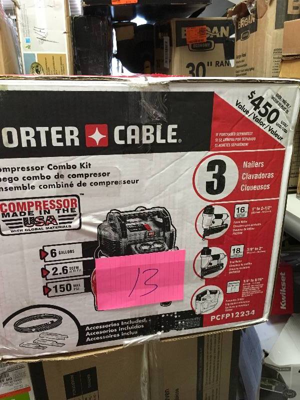 lot 13 image: Porter Cable 6 Gal. 150 PSI Portable Electric Air Compressor, 16-Gauge Nailer, 18-Gauge Nailer and 38 in. Stapler Combo Kit (3-Tool)