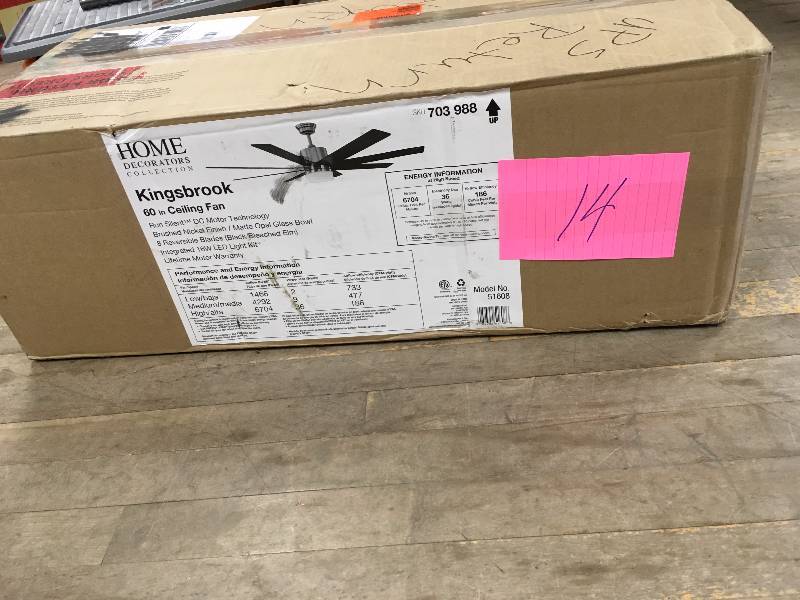 lot 14 image: Home Decorators Kingsbrook 60 in. LED Indoor Brushed Nickel Ceiling Fan with Light Kit and Remote Control