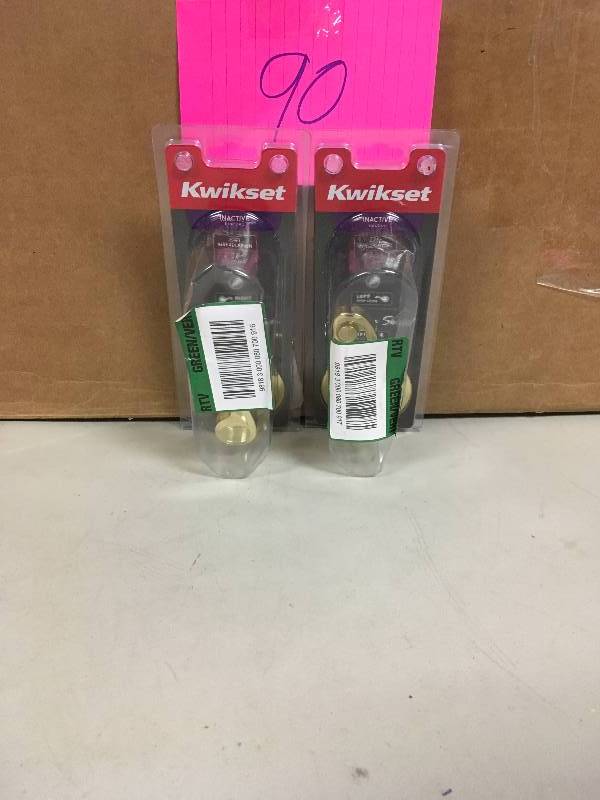 lot 90 image: Set of 2 Kwikset Lido Polished Brass Left-Handed Dummy levers